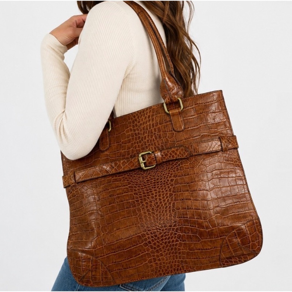 Vtg Massimo Dutti Crocodile Embossed Leather Tote Shoulder Bag L Chic Brown